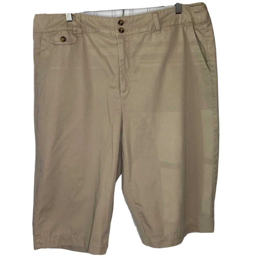 CJ Banks Womens 16 Wrinkle Free Cotton Khaki Tan High Rise Bermuda Shorts